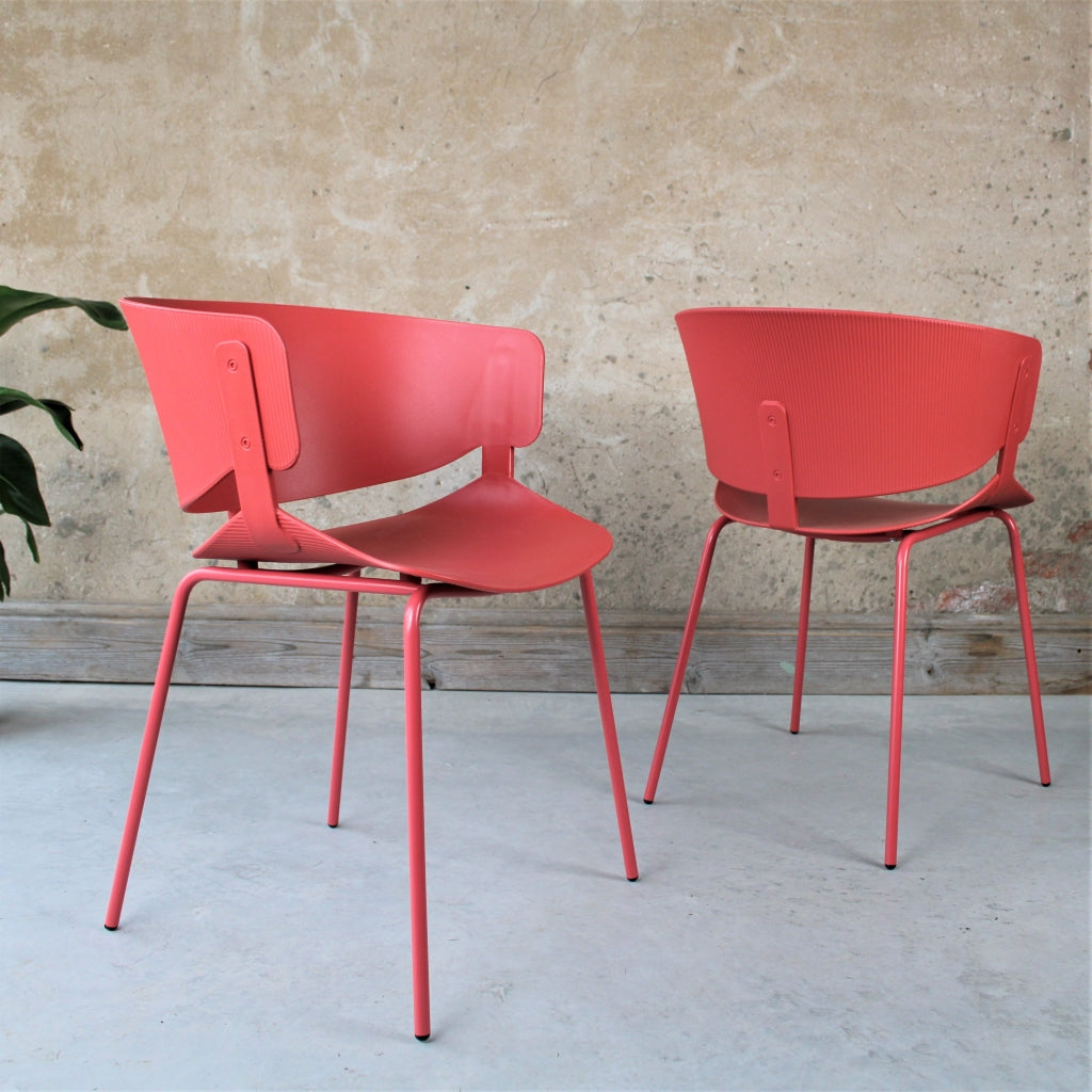 Halcyon Dining Chair Coral Red with ribbed back and metal legs Set of 4- The Rattan Company