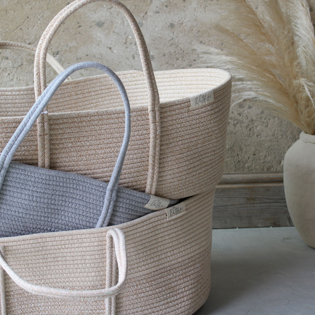 Grey Soft Cotton Rope Baby Moses Basket, Baby Safe Natural Newborn Crib Bassinet by The Rattan Company