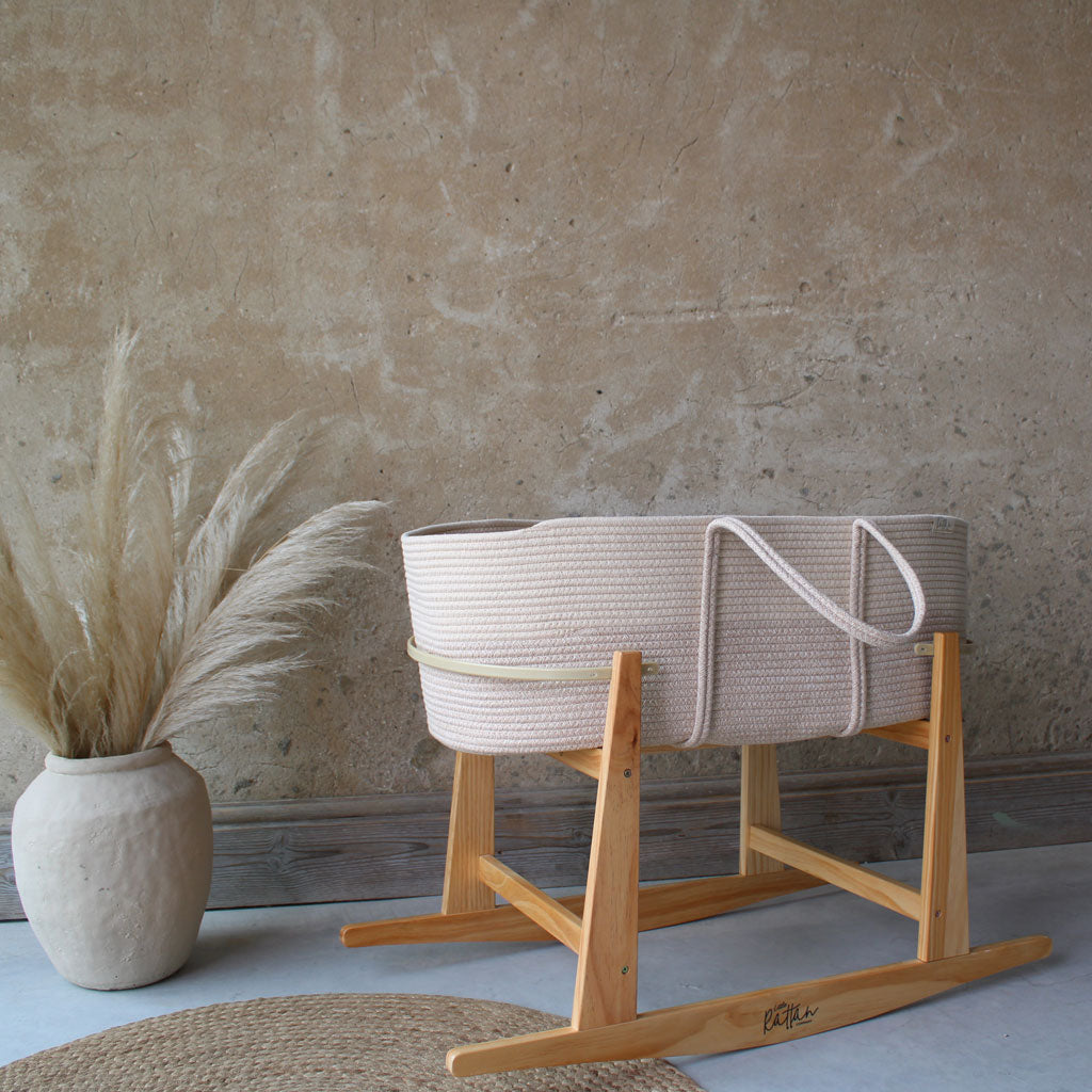 Beige and Cream Soft Cotton Rope Baby Moses Basket, Baby Safe Natural Newborn Crib Bassinet by The Rattan Company