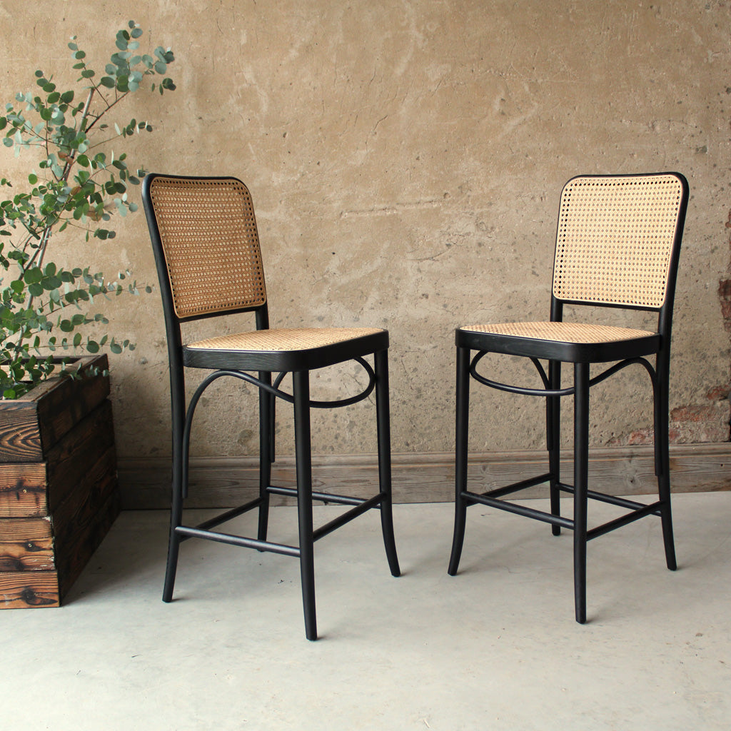 A pair of Hoffton Ash Wood and Rattan Webbing Bar Stool Black - Hoffman Ton Style