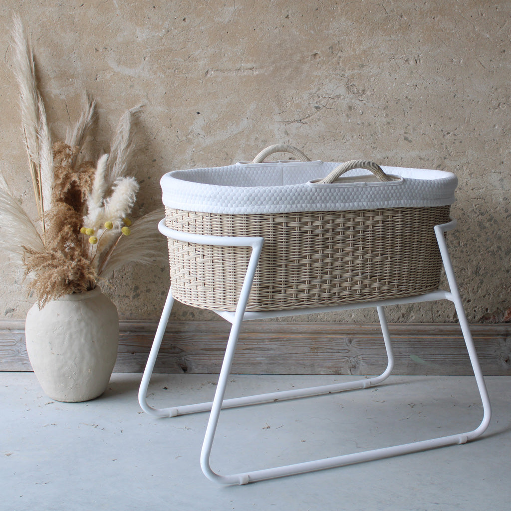 Maya Bedside Baby Crib Natural Rattan and white curved metal stand including mattress and liner