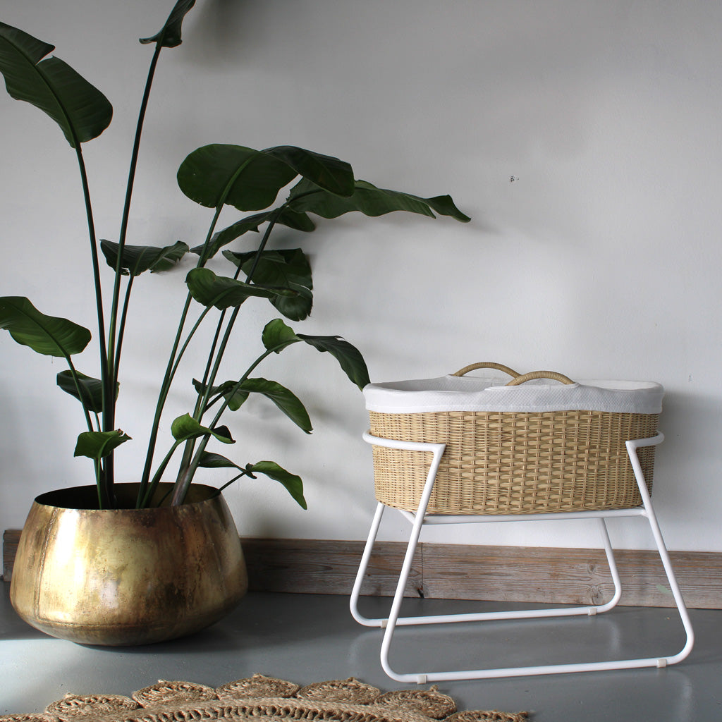 Maya Bedside Baby Crib Natural Rattan and white curved metal stand including mattress and liner