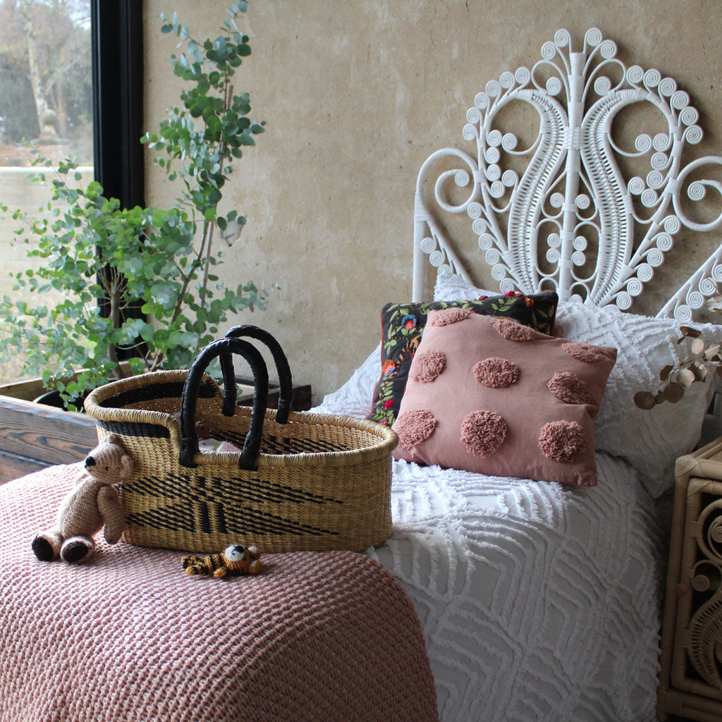 Peacock rattan single headboard in white