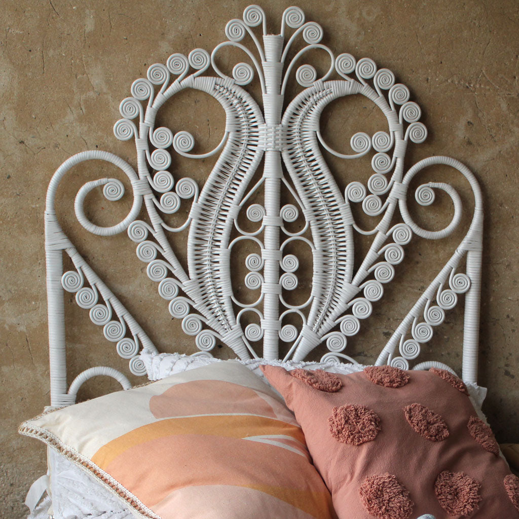 Peacock rattan single headboard in white