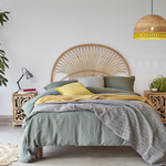 Kingsize Bali Natural Rattan Headboard with Peacock Cupboards and Mustard Sarah Lampshade - The Rattan Company