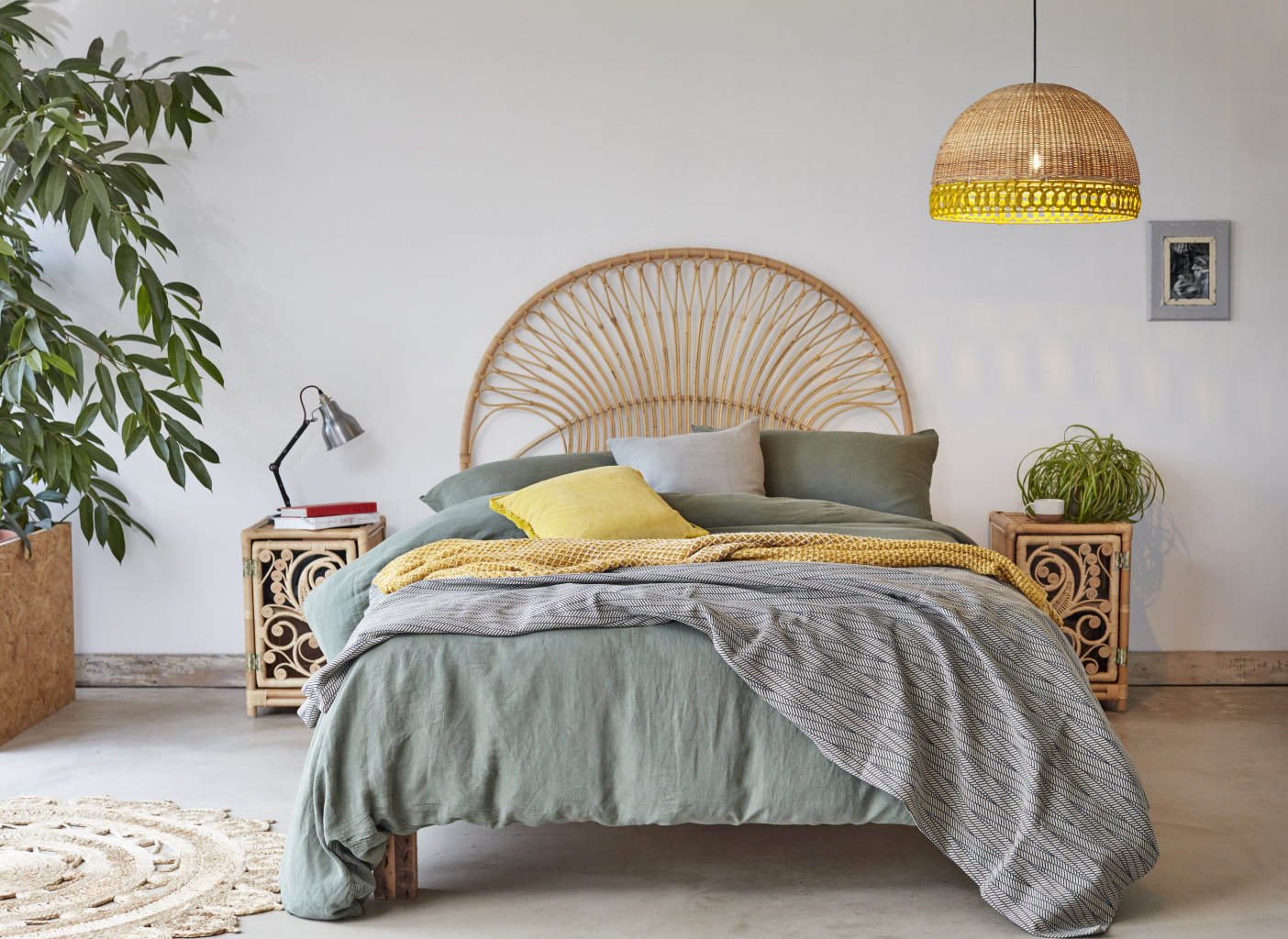 Kingsize Bali Natural Rattan Headboard with Peacock Cupboards and Mustard Sarah Lampshade - The Rattan Company