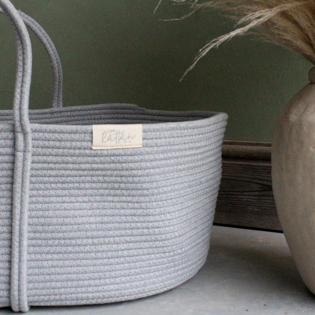 Grey Soft Cotton Rope Baby Moses Basket, Baby Safe Natural Newborn Crib Bassinet by The Rattan Company