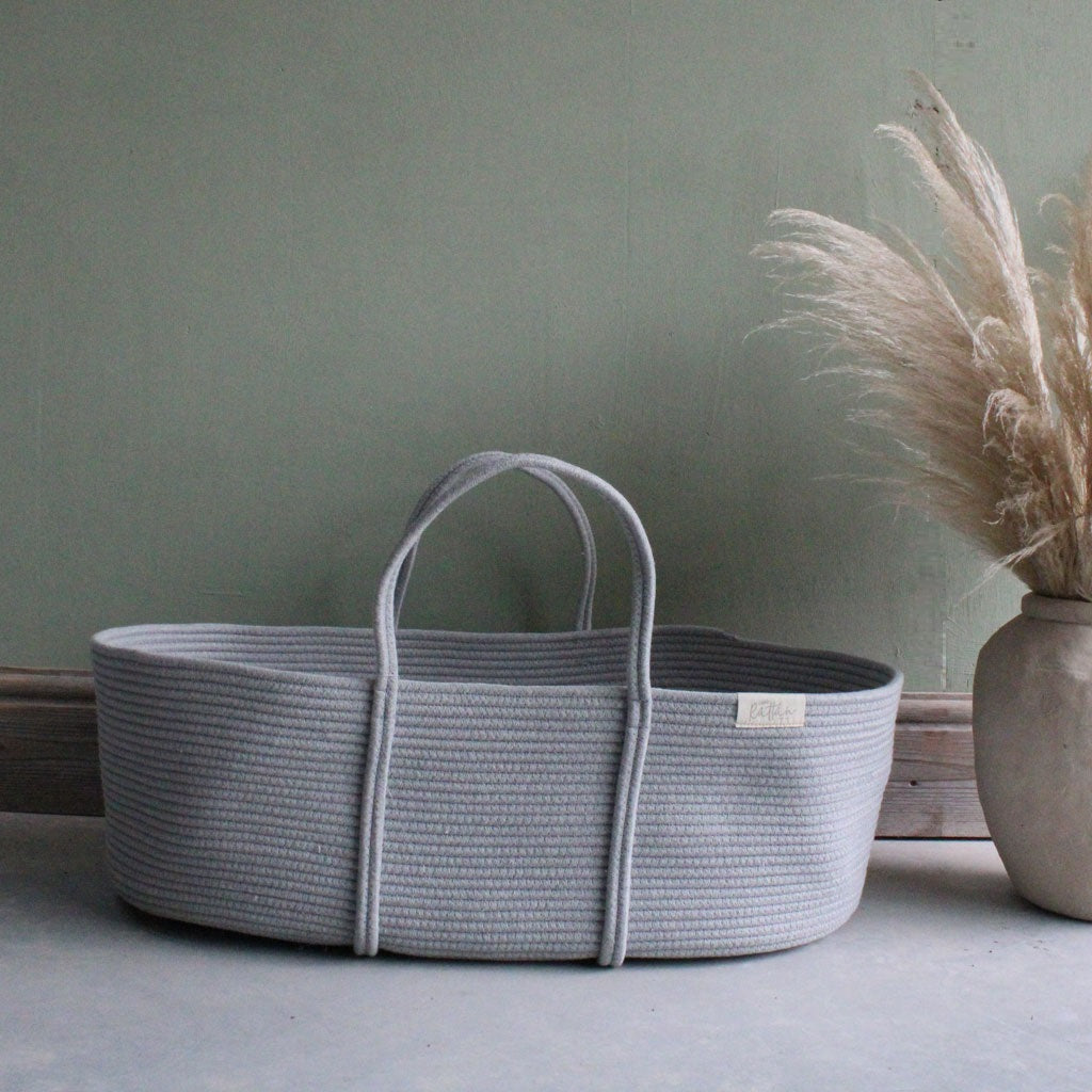 Grey Soft Cotton Rope Baby Moses Basket, Baby Safe Natural Newborn Crib Bassinet by The Rattan Company