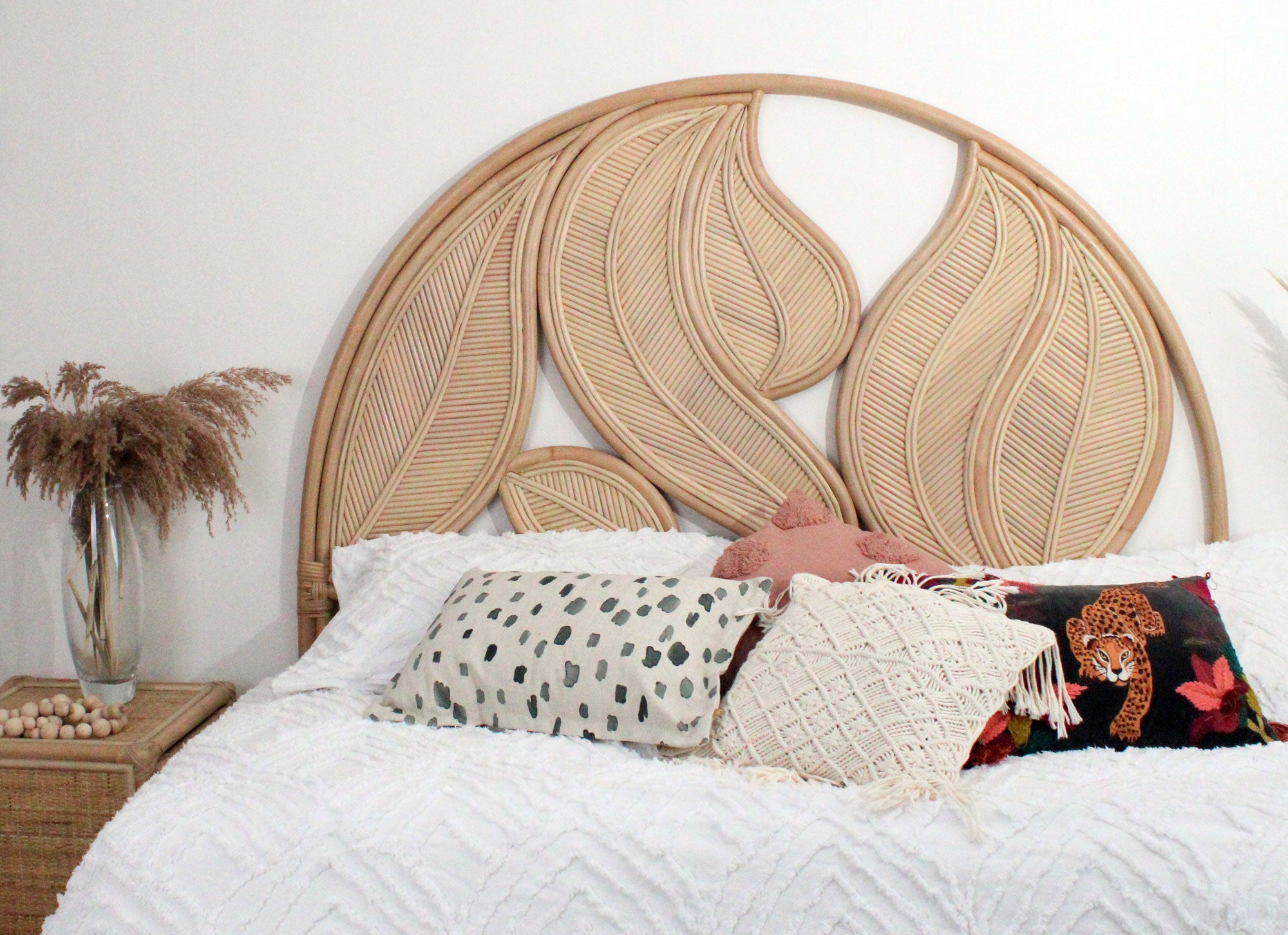 Palm Leaf natural rattan king sized headboard, bedheads by the rattan company