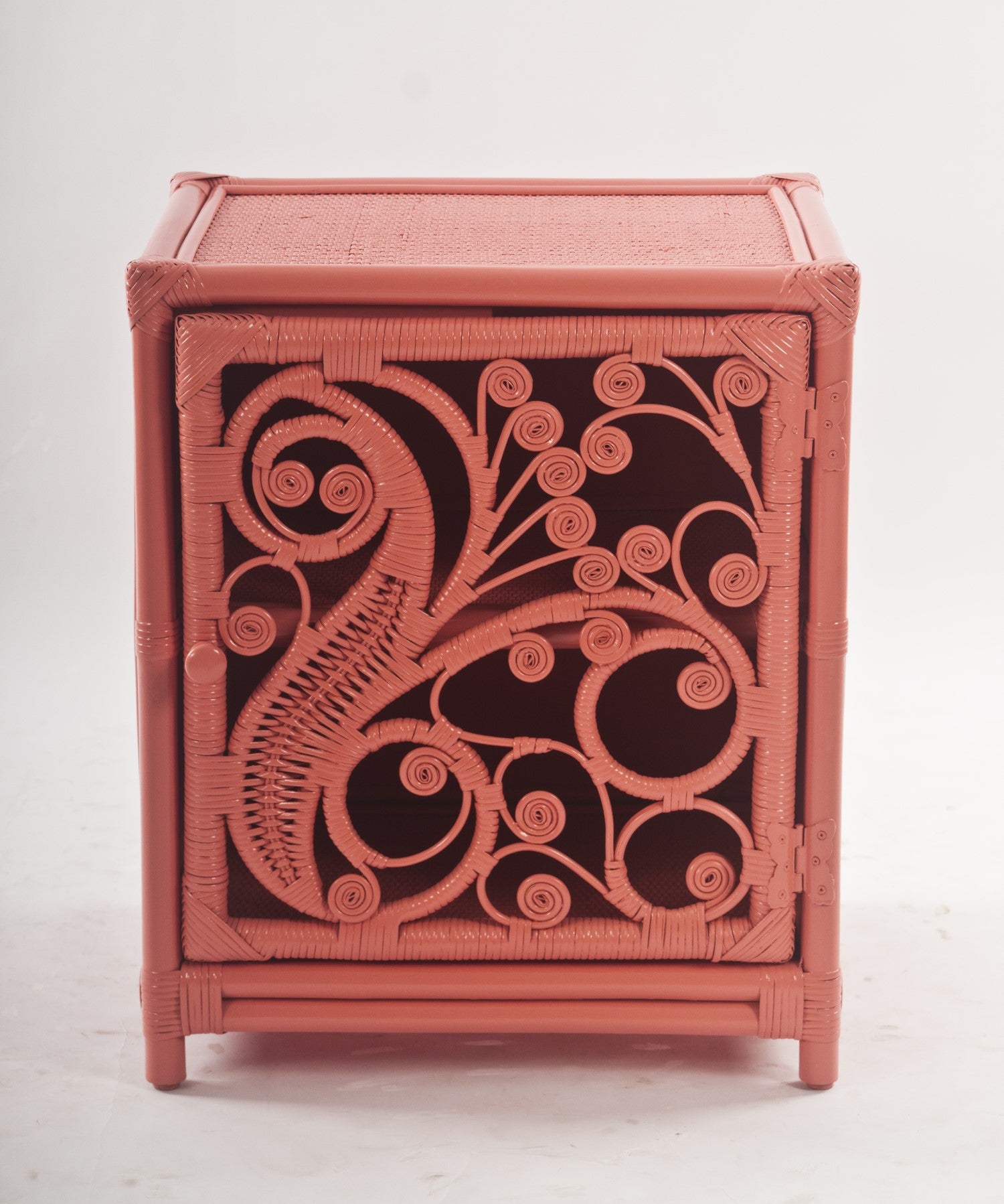 Peacock Peach Rattan Bedside Cabinet Front - The Rattan Company
