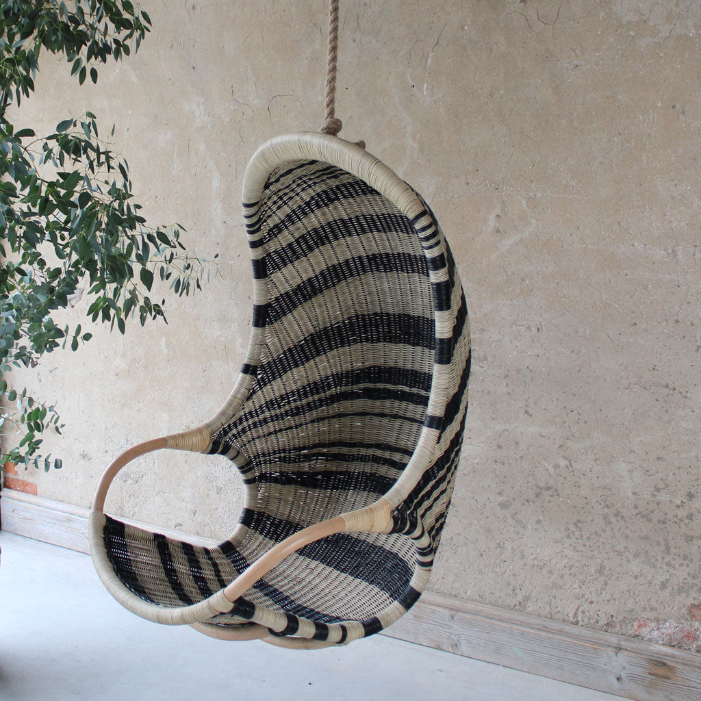 Zebedee rattan hanging egg chair, black and natural indoor hanging chair by the rattan company