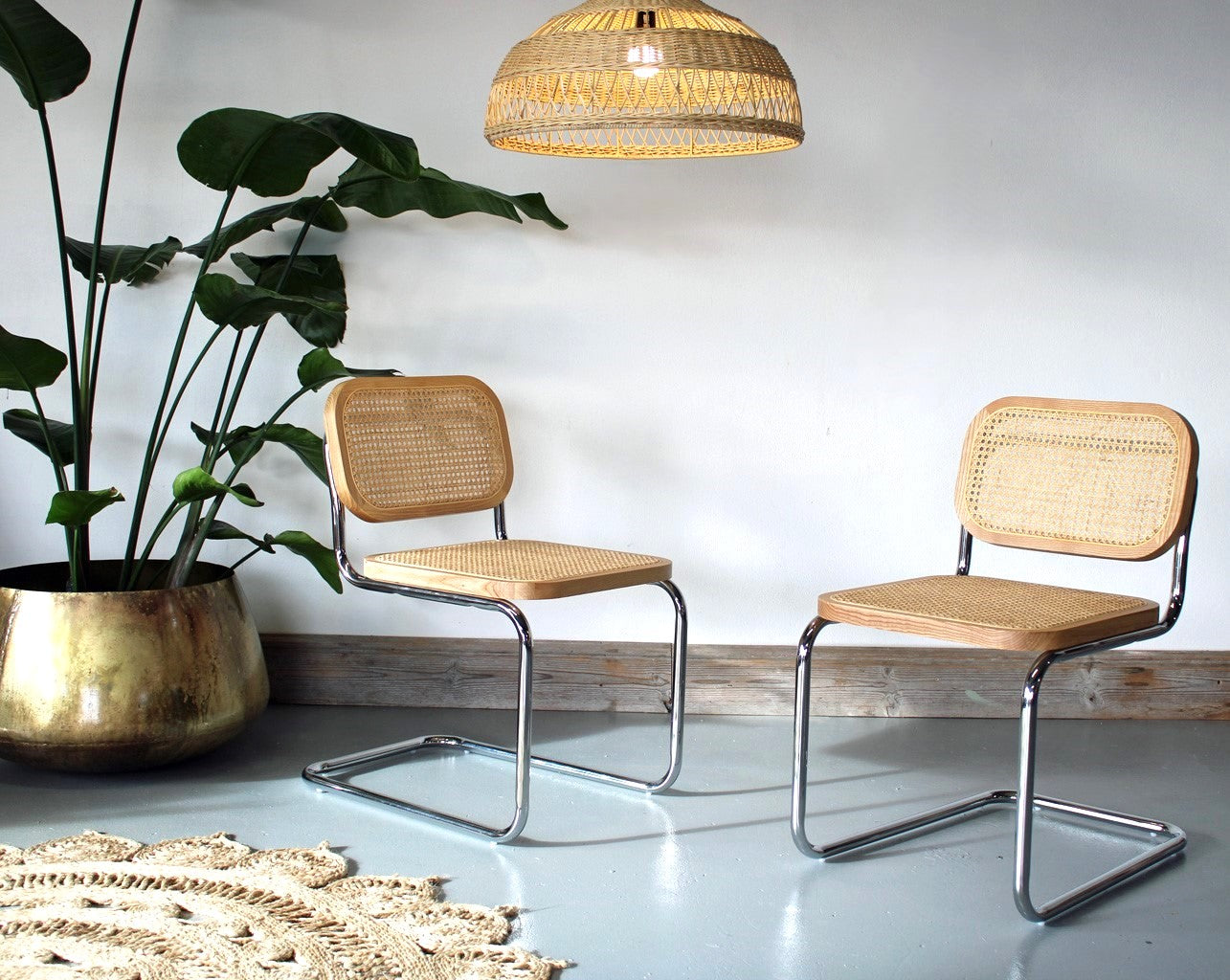 A Pair of Cesca Dining Chairs in Ash Wood with Natural rattan and Chrome Steel Frame