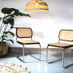A Pair of Cesca Dining Chairs in Ash Wood with Natural Rattan Seat and Back and Chrome Steel Frame - Dark Walnut Colour