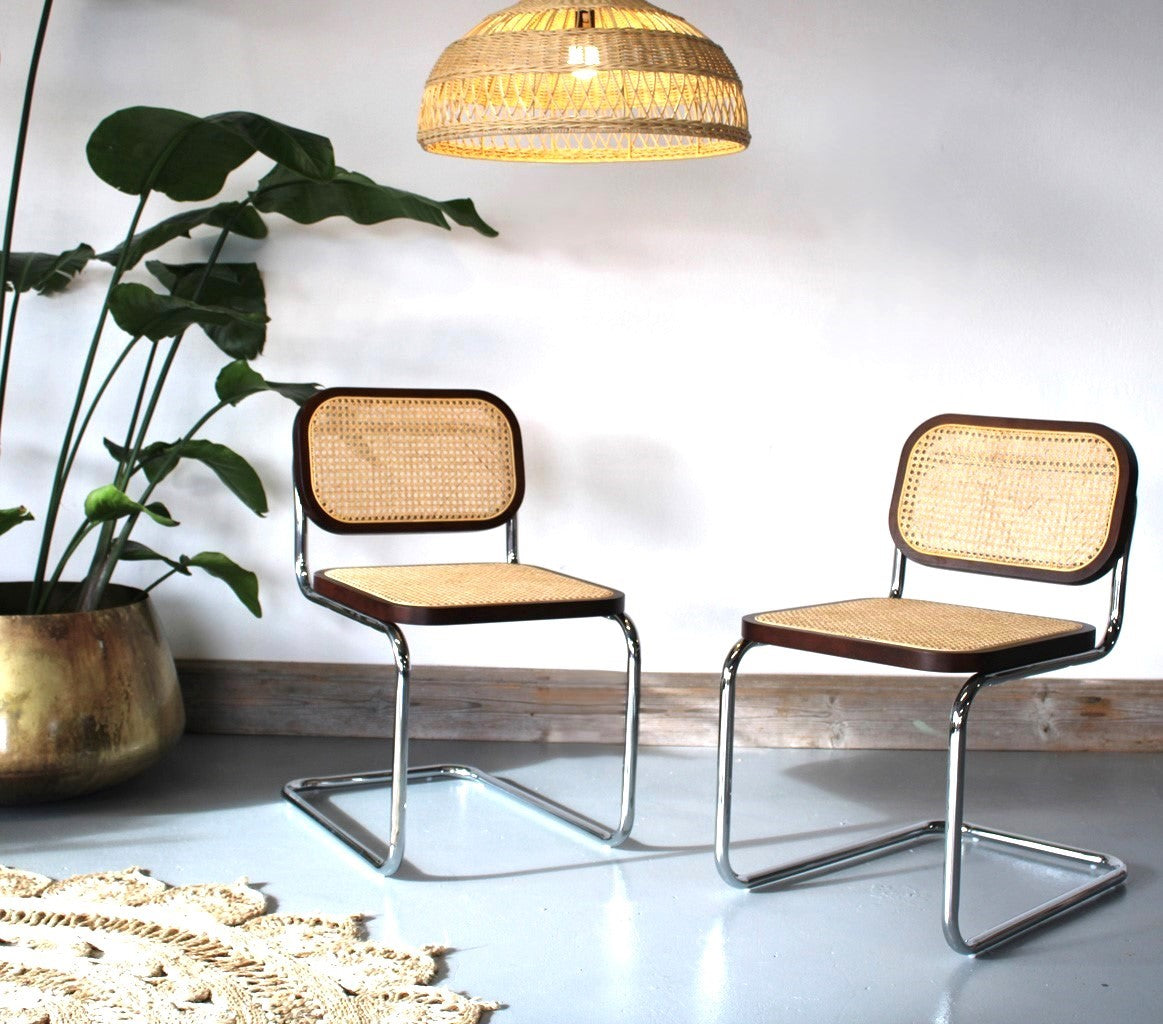 A Pair of Cesca Dining Chairs in Ash Wood with Natural Rattan Seat and Back and Chrome Steel Frame - Dark Walnut Colour