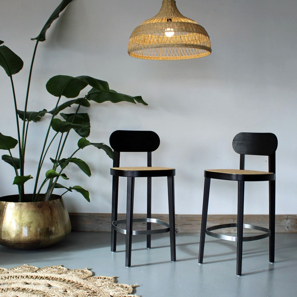 A Pair of black Thronet Ash Wood and Natural Rattan Kitchen Island Bar Stool Counter Stools