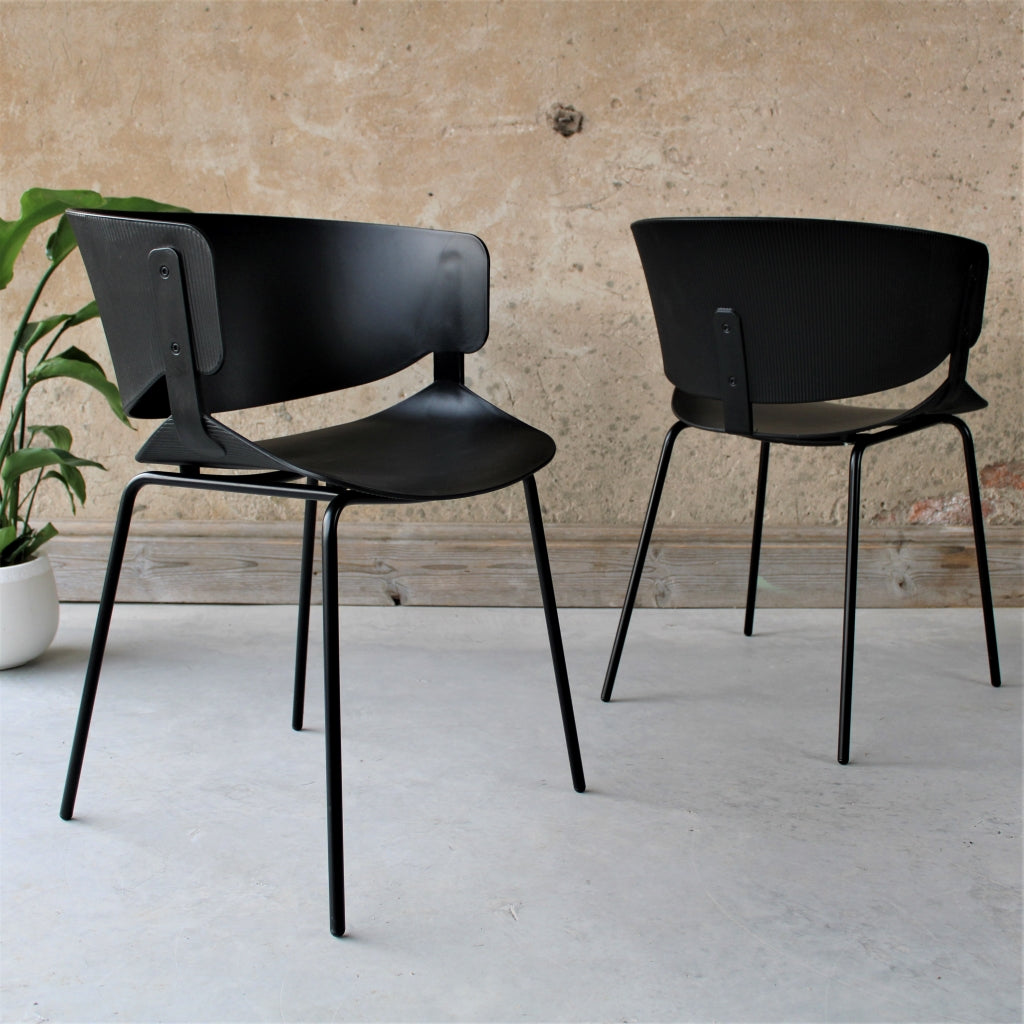 Halcyon Dining Chair Black Plastic with ribbed back and metal legs Set of 4- The Rattan Company