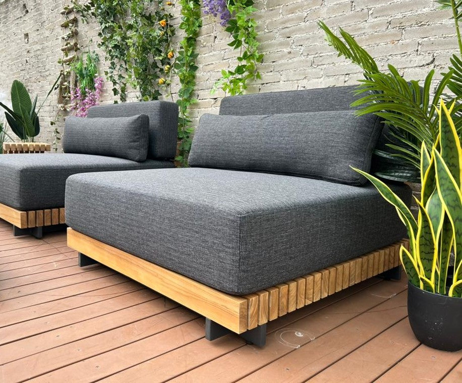 Luxury Grade A Teak Armless Sofas with black grey cushions - the Rattan Company