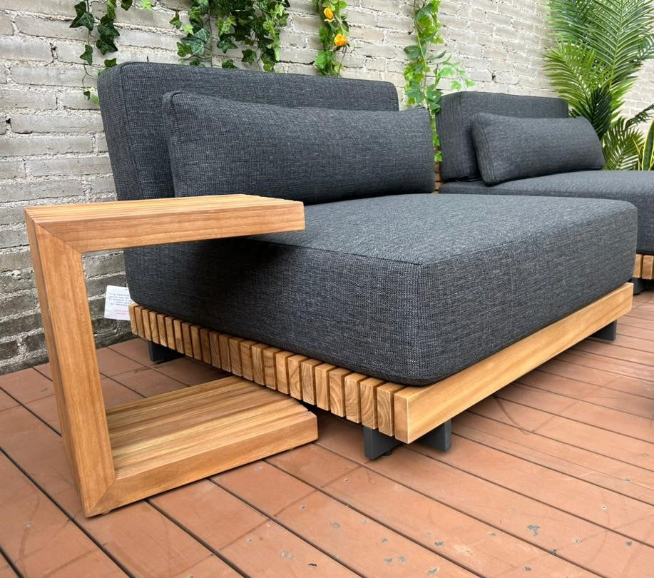Luxury Grade A Teak Armless Sofas with black grey cushions and side table- the Rattan Company