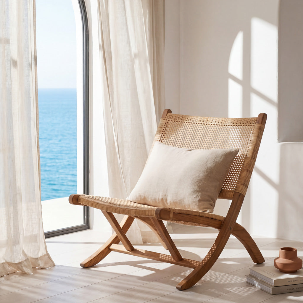 Bradley rattan and wood folding lounge chair, comfortable lounge chair by the rattan company