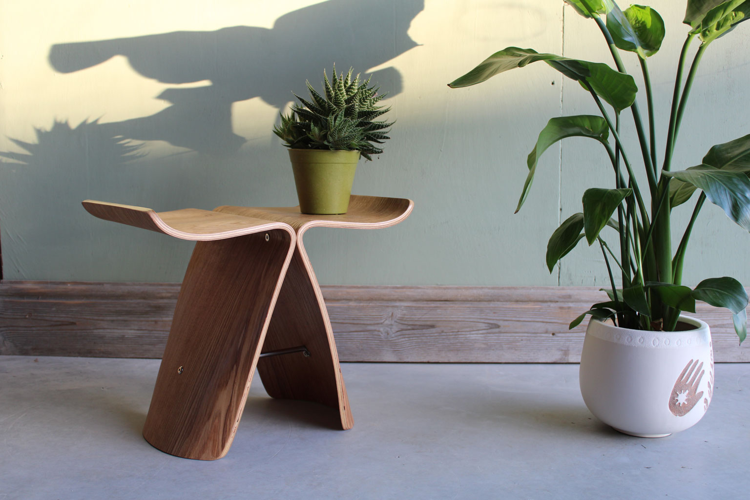 Sori Yanagi Inspired bent plywood butterfly stool with Monkey and Plant