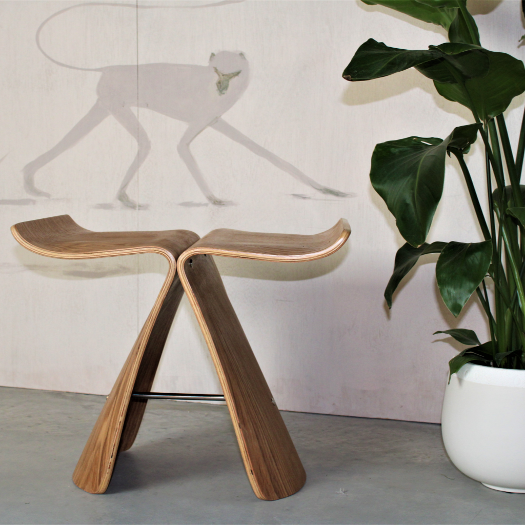 Sori Yanagi Inspired bent plywood butterfly stool with Monkey and Plant - The Rattan Company