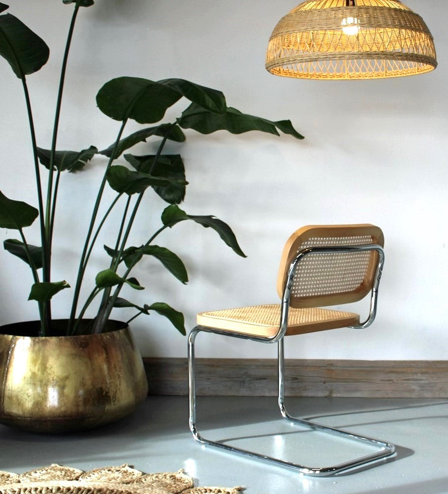 A Cesca Dining Chair in Ash Wood with Natural rattan and Chrome Steel Frame Rear View