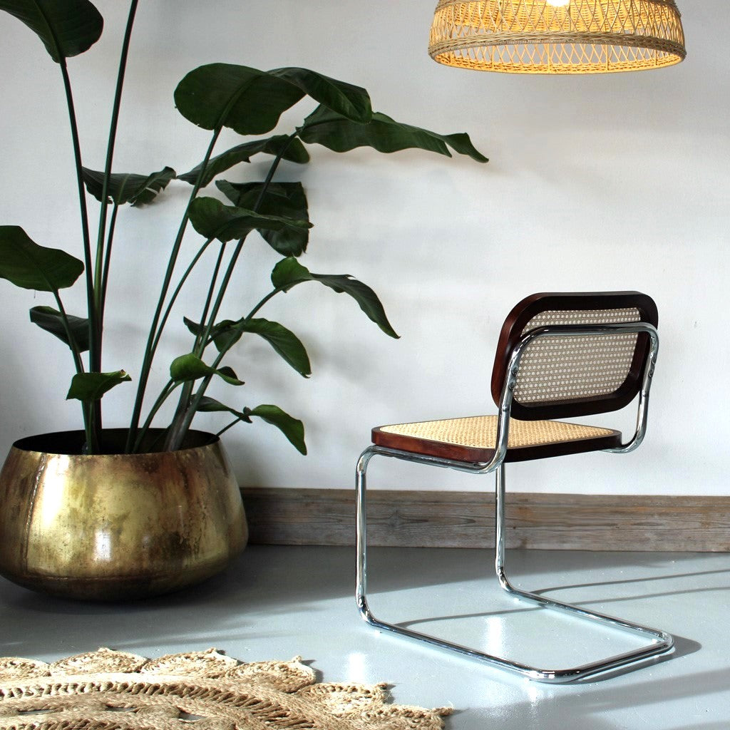 A Cesca Dining Chair in Ash Wood with Natural Rattan Seat and Back and Chrome Steel Frame - in Dark Walnut Colour