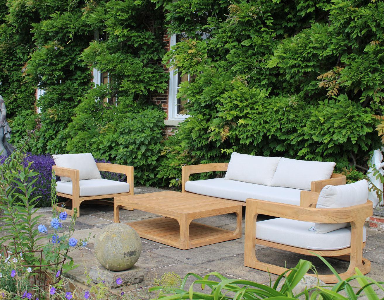 Curved Grade A Teak Outdoor Sofa Set with Cream Cushions - The Rattan Company