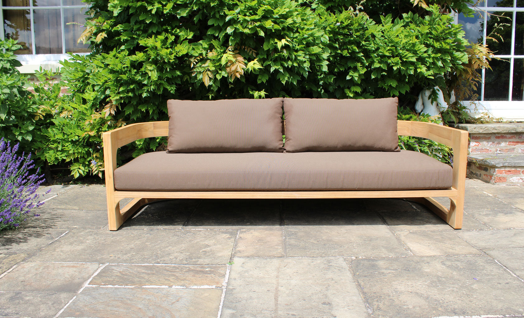 Curved Grade A Teak Garden 3 seater Sofa Brown Cushions - The Rattan Company