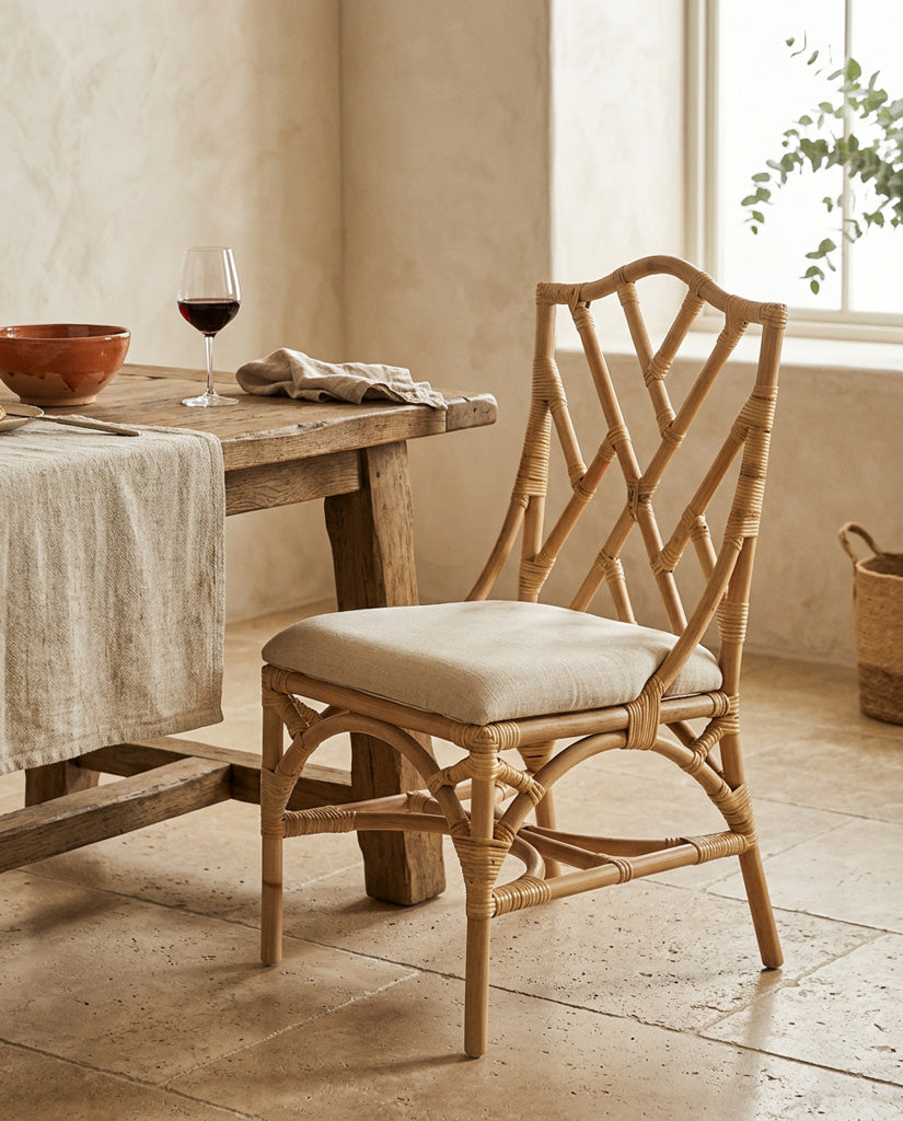 Natural Rattan chippendale style chair with a cream cushion against a pink wall