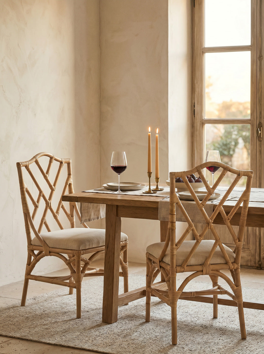 Natural Rattan chippendale style chair with a cream cushion against a pink wall