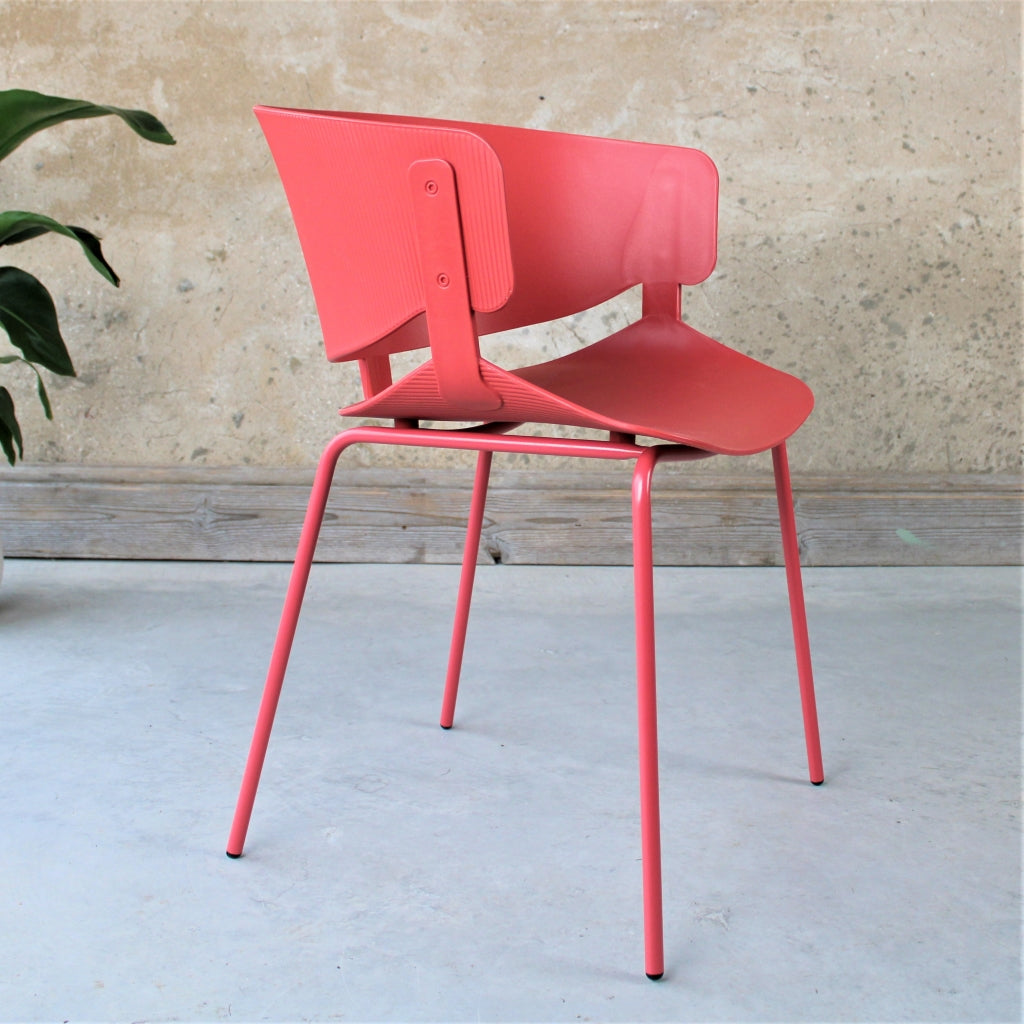 Halcyon Dining Chair Coral Red Plastic with ribbed back and metal legs - The Rattan Company