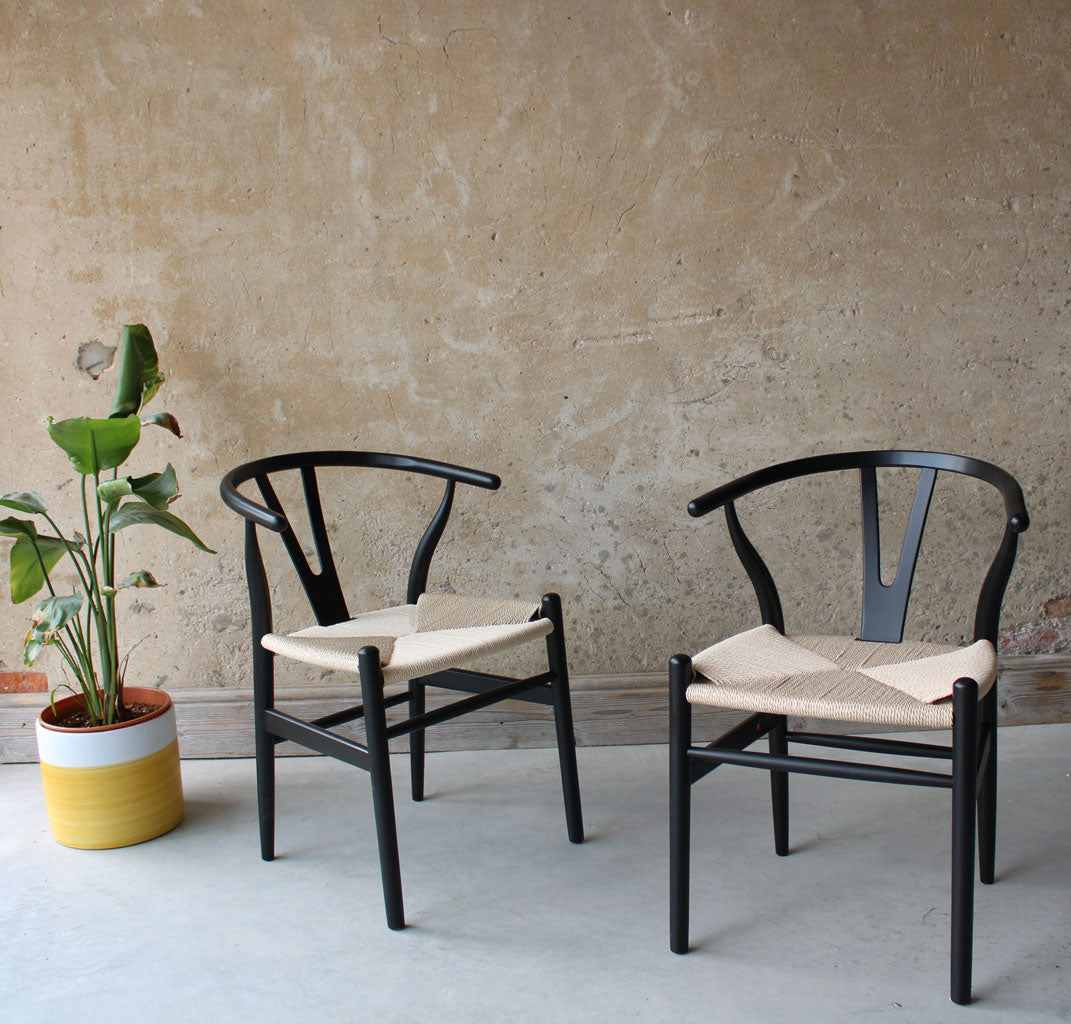 Hans Wegner Style Beech Wood Wishbone Dining Chair set of 2-black The Rattan Company