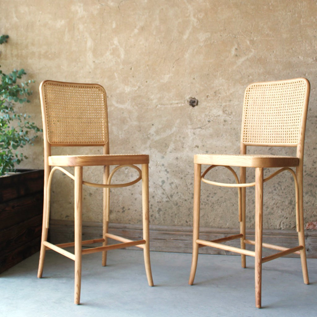 A Pair of Hoffman Ton Style Ash Wood Bar Stool for Kitchen Islands with Rattan Webbing Seat - The Rattan Company