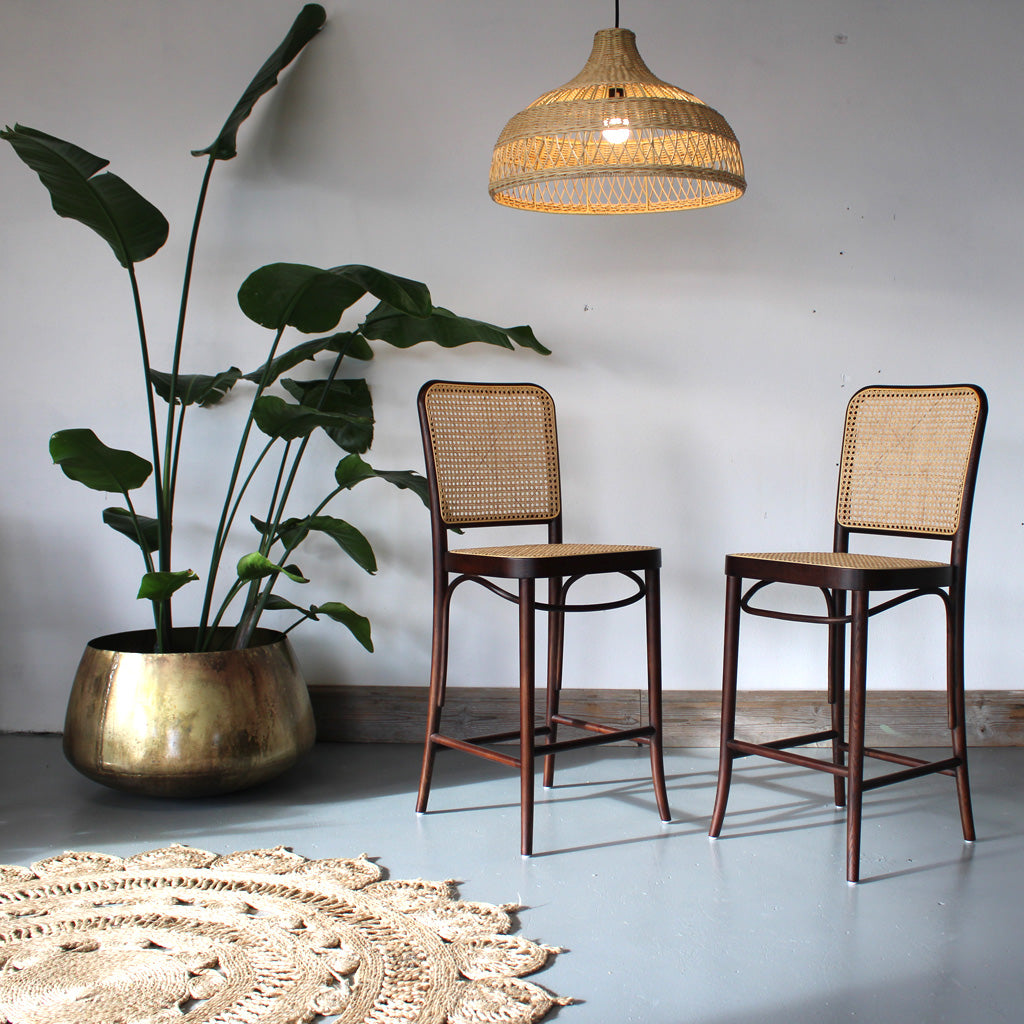 Hoffton Kitchen Island Bar Stools in Dark Walnut with Natural Rattan Webbing