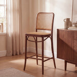 Hoffton Kitchen Island Bar Stool in Dark Walnut with Natural Rattan Webbing. Hoffman Ton Style 65cm Bar Stool