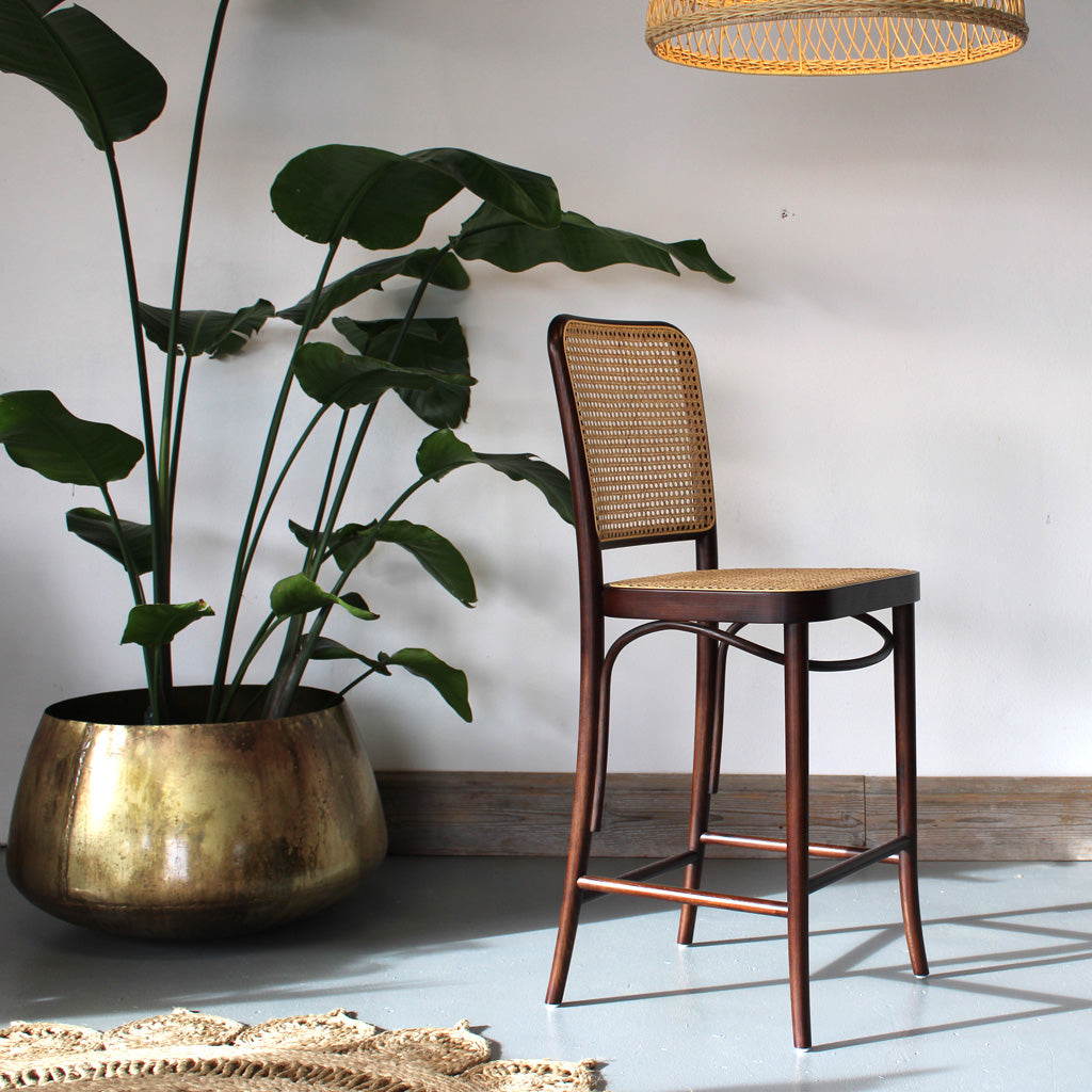 Hoffton Kitchen Island Bar Stool in Dark Walnut with Natural Rattan Webbing 65cm Seat Height