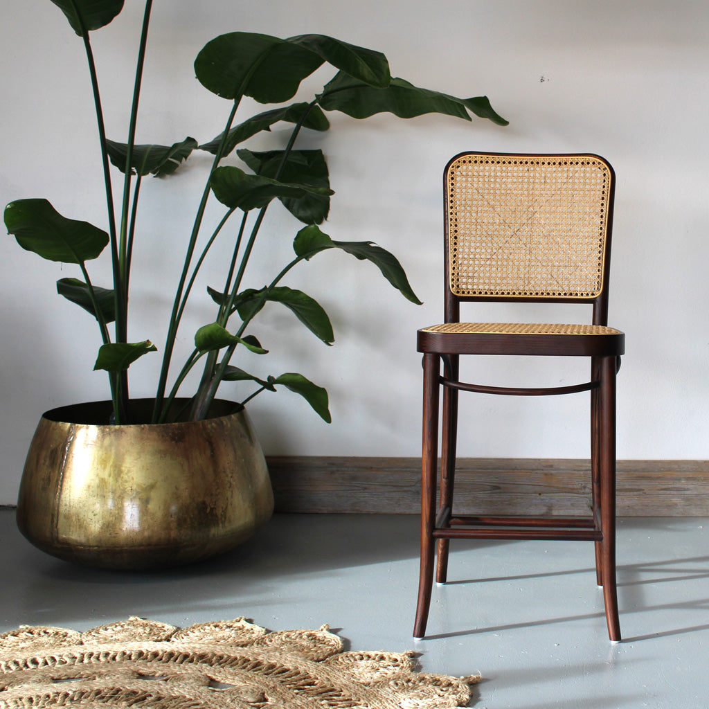 Hoffton Kitchen Island Bar Stool in Dark Walnut with Natural Rattan Webbing Front On