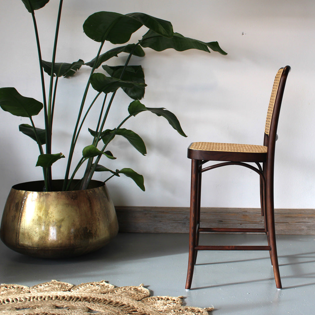 Hoffton Kitchen Island Bar Stool in Dark Walnut with Natural Rattan Webbing. Hoffman Ton Style 65cm Bar Stool