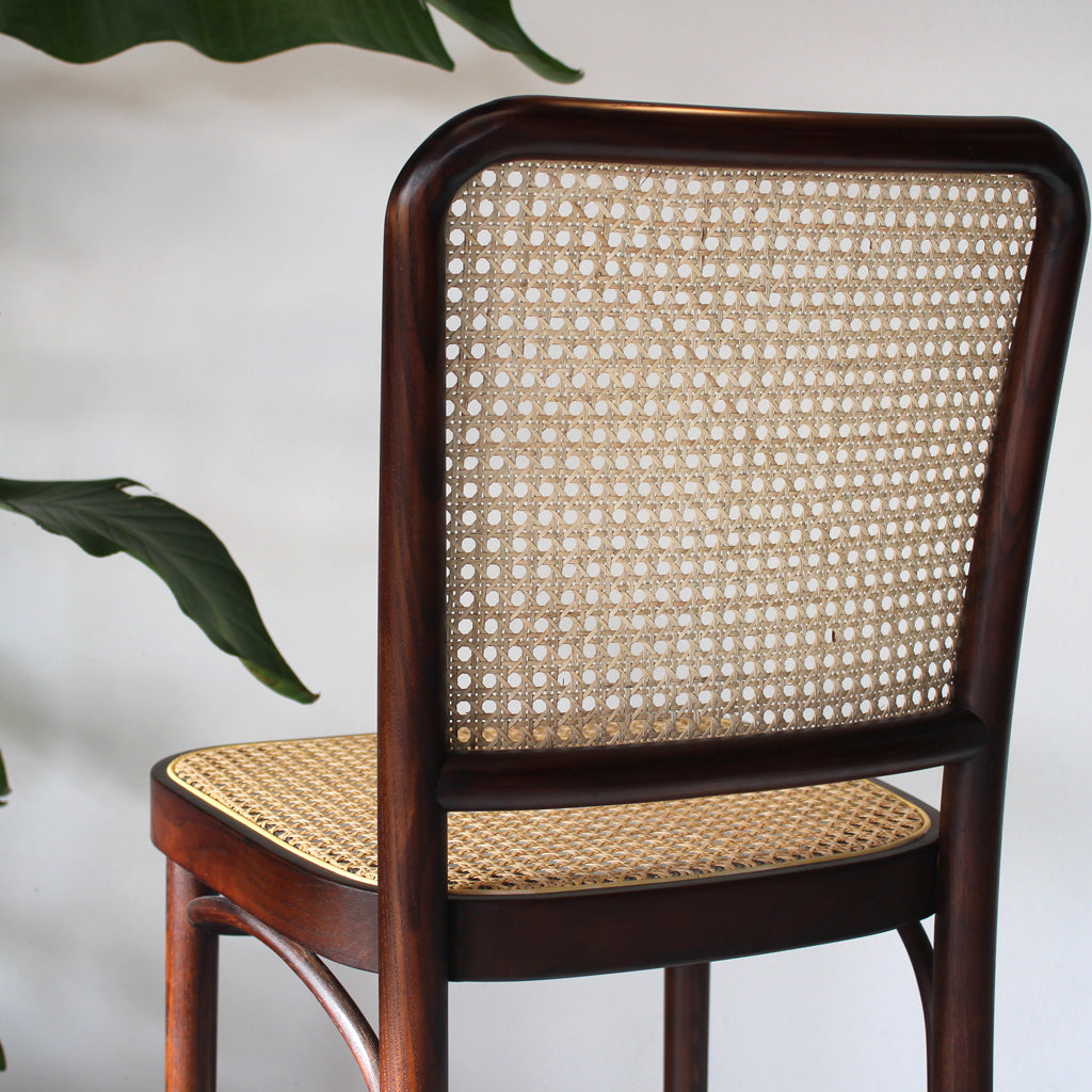 Hoffton Kitchen Island Bar Stool in Dark Walnut with Natural Rattan Webbing rear view