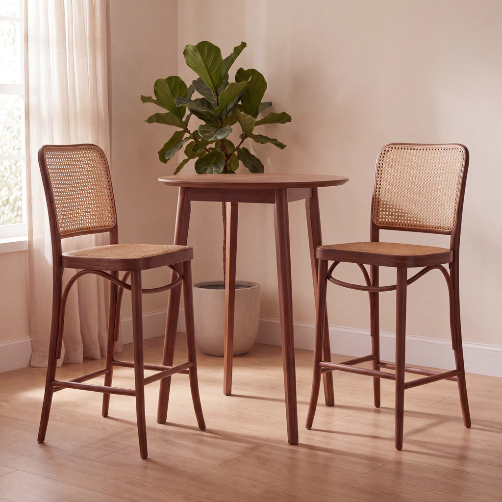 Hoffton Kitchen Island Bar Stool in Dark Walnut with Natural Rattan Webbing. Hoffman Ton Style 65cm Bar Stool