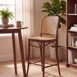 Hoffton Kitchen Island Bar Stool in Dark Walnut with Natural Rattan Webbing. Hoffman Ton Style 65cm Bar Stool