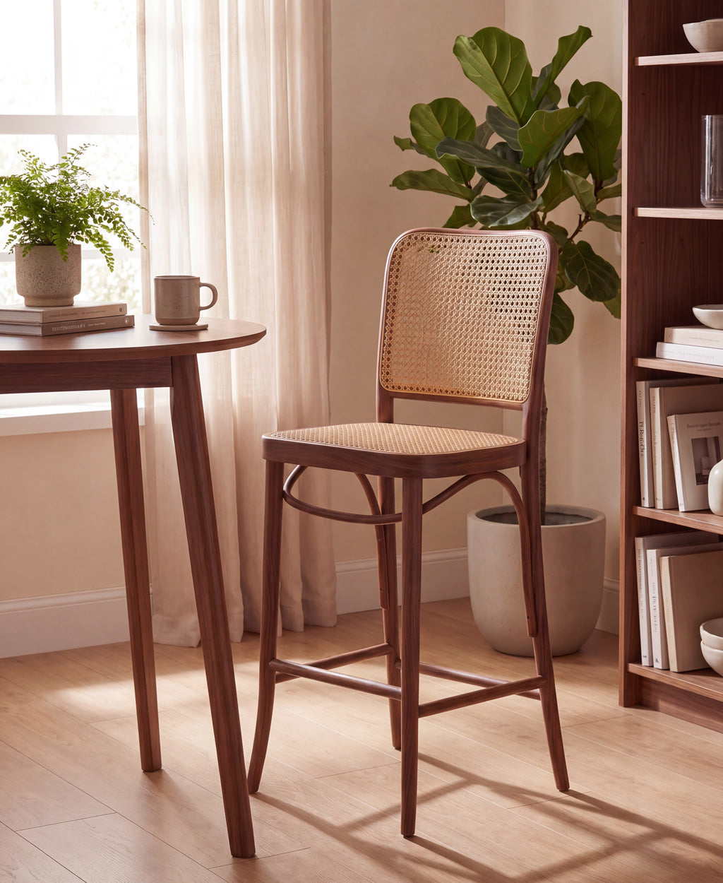 Hoffton Kitchen Island Bar Stool in Dark Walnut with Natural Rattan Webbing. Hoffman Ton Style 65cm Bar Stool