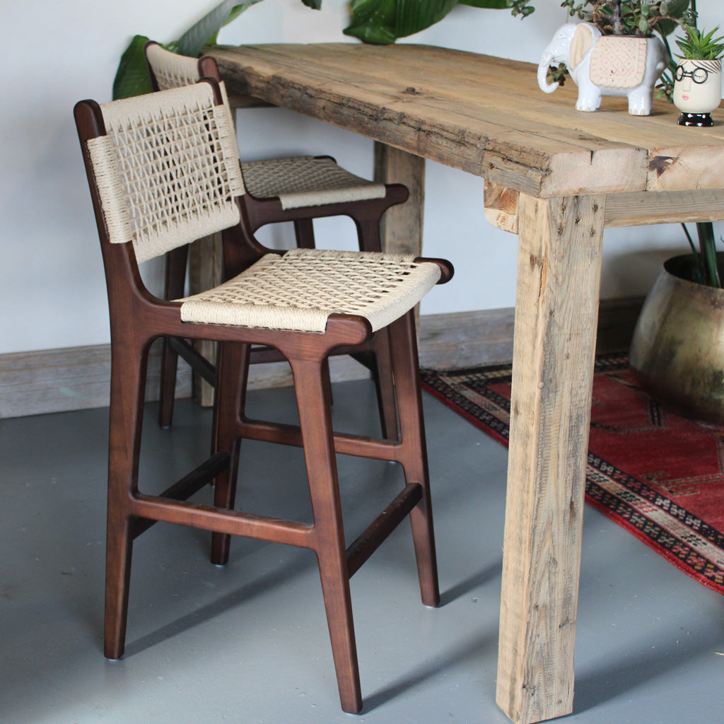 Inca Natural Ash Wood and Paper Cord Kitchen Island Bar Stool Kitchen Counter Stool in Walnut