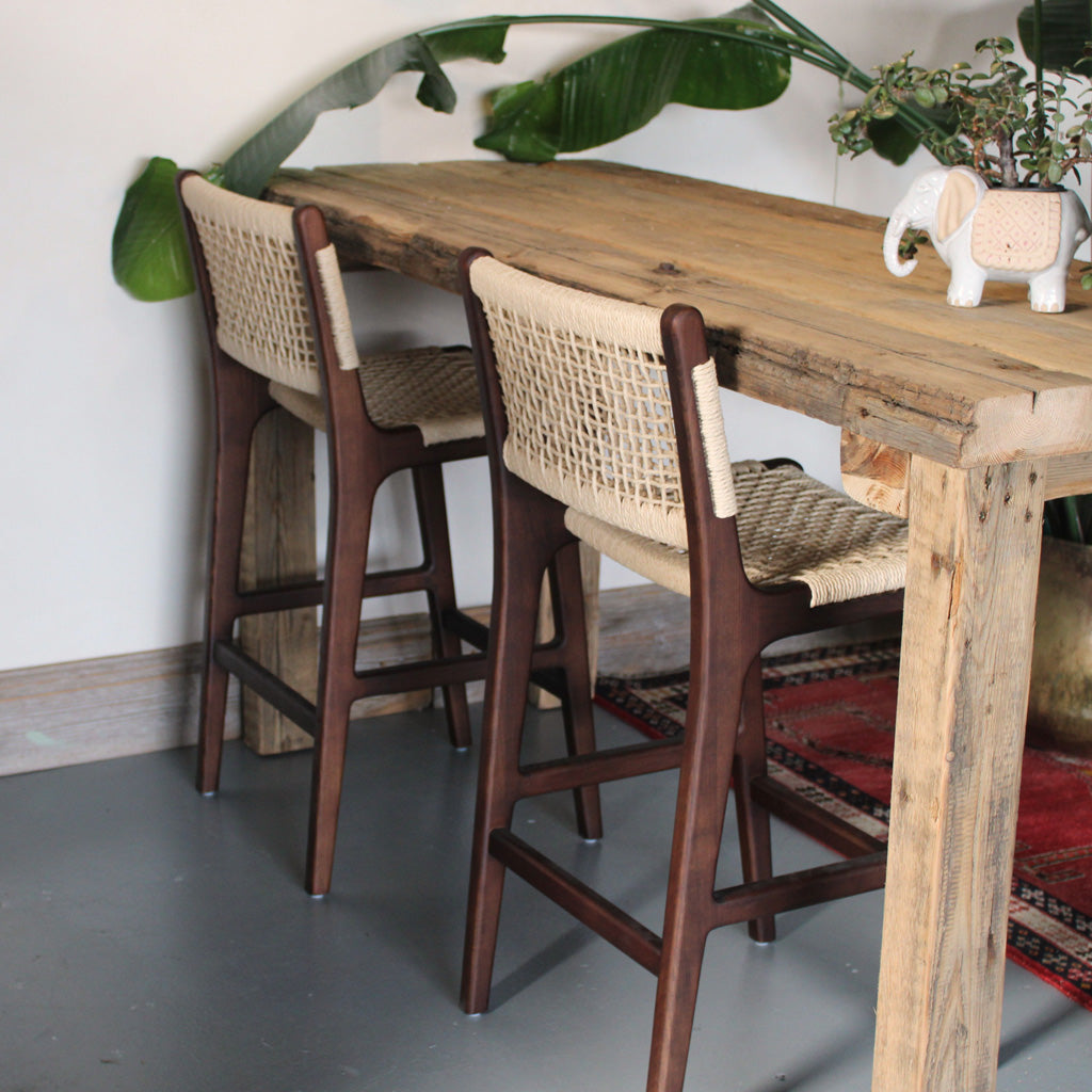 Inca Natural Ash Wood and Paper Cord Kitchen Island Bar Stool Kitchen Counter Stool in Walnut