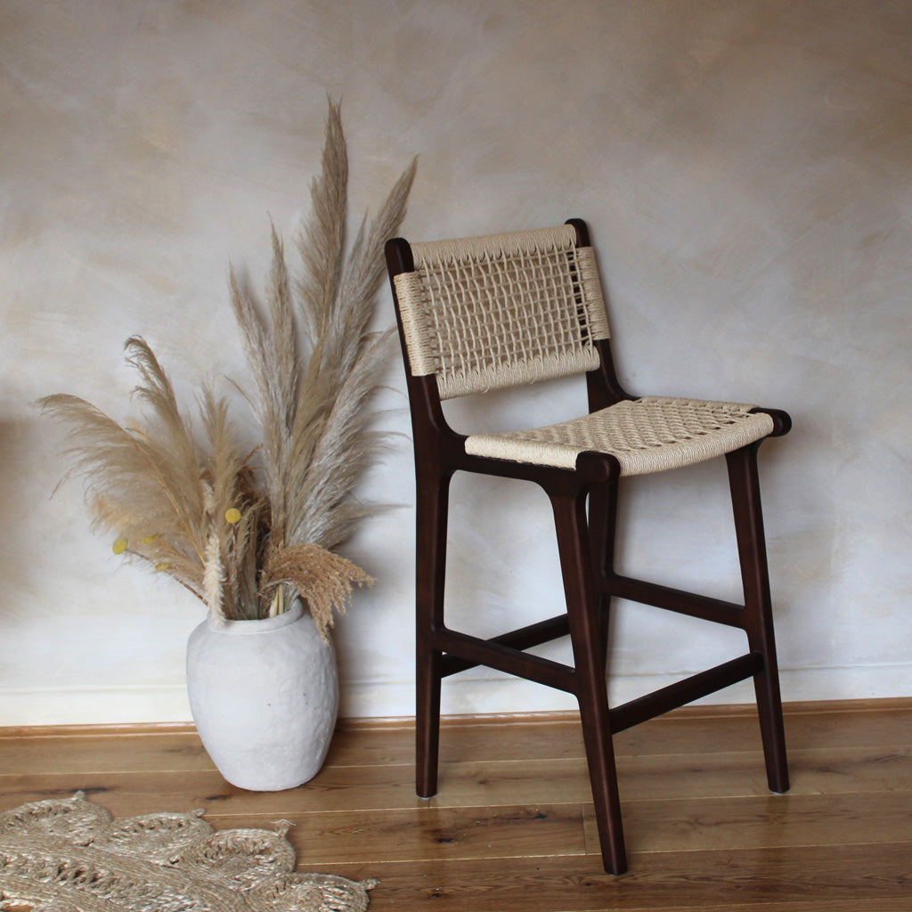 Inca Natural Ash Wood and Paper Cord Kitchen Island Bar Stool Kitchen Counter Stool in Walnut