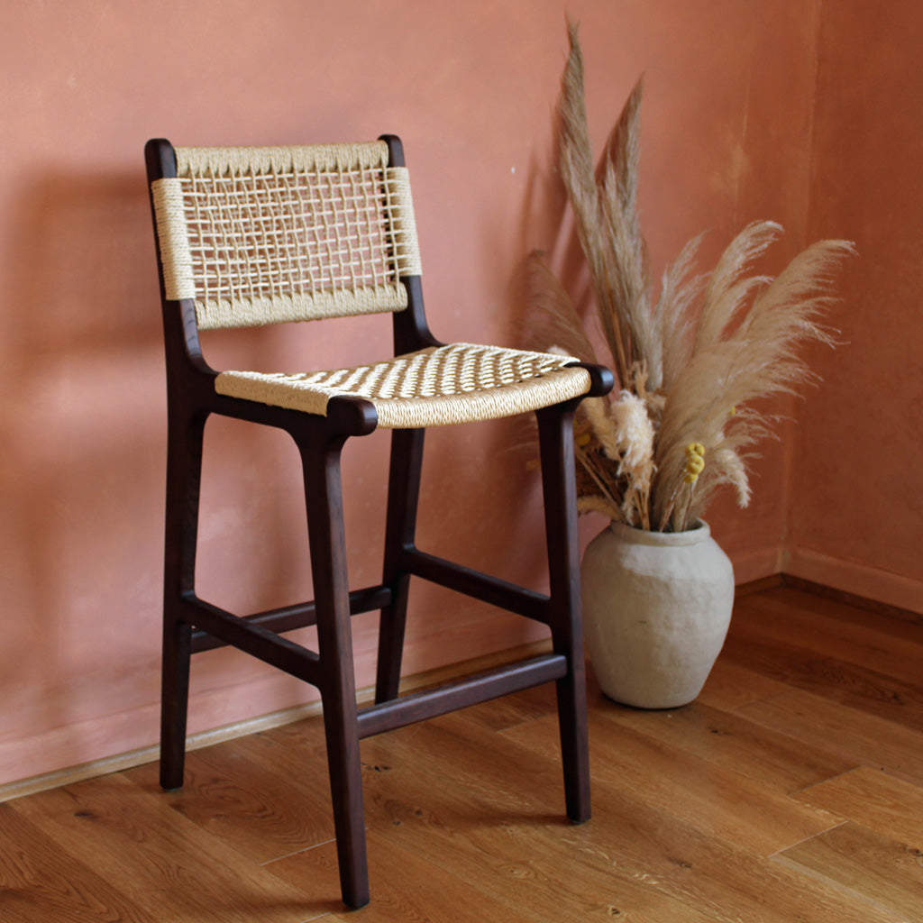 Inca Natural Ash Wood and Paper Cord Kitchen Island Bar Stool Kitchen Counter Stool in Walnut