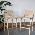 A pair of Inca Natural Ash Wood and Paper Cord Bar Stools