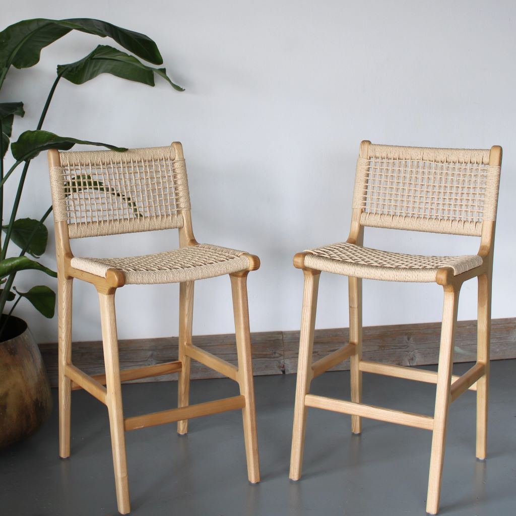 A pair of Inca Natural Ash Wood and Paper Cord Bar Stools