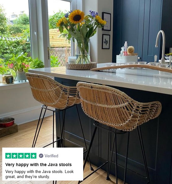 Kitchen island with wicker Java bar stools from the Rattan Company 
